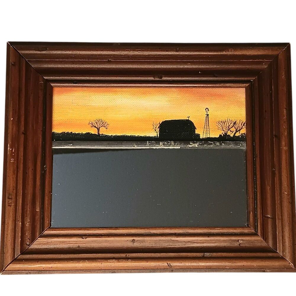 Vintage Small Painting W/ Mirror Barn Windmill Landscape Sunset Framed Rustic